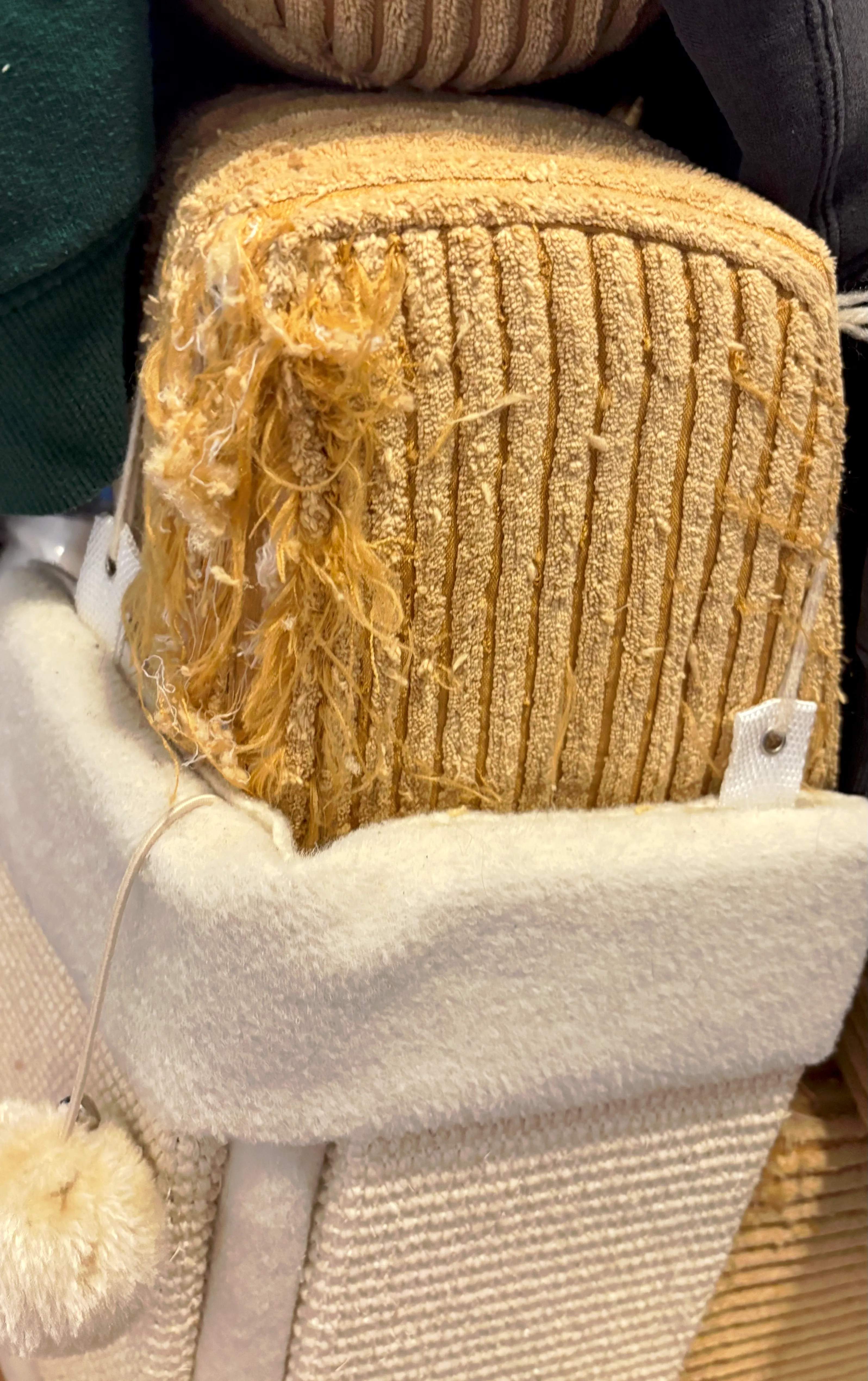 A couch corner ripped by cat above cat scratcher